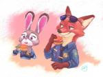 abstract_background anthro buckteeth clothed clothing dipstick_ears duo ear_markings eyewear female food fur green_eyes holding_object male multicolored_ears open_mouth police police_uniform purple_eyes sandwich_(food) smile sunglasses teeth uniform gagaga_08 disney zootopia judy_hopps nick_wilde canid canine fox lagomorph leporid mammal rabbit red_fox true_fox 2017 4:3 bust_portrait portrait