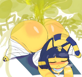 :< anthro ass_up big_butt blue_hair blue_pawpads blush bob_cut bottom_heavy bottomless breath butt butt_focus cat_tail chest_wraps clothed clothing downward_dog egyptian eyes_closed fart fart_cloud fart_fetish female flexible glistening glistening_butt green_fart_cloud hair head_down_ass_up huge_butt huge_fart leg_wraps markings onomatopoeia pawpads pectoral_(jewelry) pose raised_tail shortstack shortstack_female simple_background solo sound_effects straining stretching striped_markings striped_tail stripes tail tail_markings text thick_thighs uraeus white_background wrappings wraps yellow_body yoga yoga_mat novacartridge animal_crossing nintendo ankha_(animal_crossing) domestic_cat felid feline felis mammal absurd_res digital_media_(artwork) hi_res unavailable_at_source