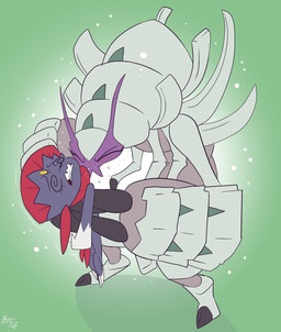anthro biped black_body black_nose claws clenched_teeth duo eyes_closed female finger_claws gloves_(marking) hair holding_another hug larger_female markings red_hair short_hair simple_background size_difference smaller_female spiral spiral_eyes standing teeth toe_claws unconscious white_body white_markings fuf nintendo pokemon generation_4_pokemon generation_7_pokemon golisopod pokemon_(species) weavile 2019 digital_media_(artwork) hi_res