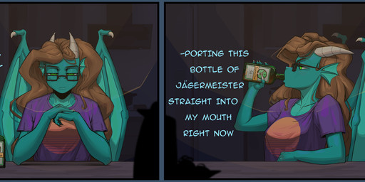 2_panel_comic 5_fingers alcohol anthro beverage bottle breasts brown_hair chain chain_piercing clasped_hands claws clothing container drinking_alcohol ear_chain ear_frill ear_piercing ear_ring elbows_on_table eyebrows eyelashes eyewear female finger_claws fingers folded_wings frill_(anatomy) front_view geometric_background glass_bottle glasses green_bottle green_eyes grey_background hair half-closed_eyes horn humor kitchen kitchen_utensils lips long_hair long_nails looking_at_viewer loose_hair medium_breasts membrane_(anatomy) membranous_wings nails narrowed_eyes piercing print_clothing print_shirt print_t-shirt print_topwear pun pupils purple_clothing purple_shirt purple_t-shirt purple_topwear rectangular_glasses ring_piercing shirt short_sleeves side_view simple_background sitting_at_table slit_pupils solo sun sun_print synthwave t-shirt tail teal_body teal_wings text tired tired_eyes tools topwear wavy_hair wing_fingers wings yellow_lighting kirasunnight jägermeister mythology demiya_"stardust"_starsky dragon mythological_creature mythological_scalie scalie winged_dragon 2025 absurd_res comic english_text half-length_portrait hi_res meme portrait trans_(lore) trans_woman_(lore)