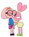 anthro blush clothed clothing dress duo eyewear female female/female fur glasses grope hand_under_skirt one_eye_closed pink_body pink_eyes pink_fur simple_background smile sweater teeth topwear upskirt white_background young killerqueen cartoon_network chowder_(series) fan_character panini_(chowder) lagomorph leporid mammal rabbit 2016 digital_media_(artwork)