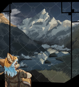 blue_body blue_eyes blue_fur clothing female fur gazing_off grassland jacket mountain river rock sky snow solo topwear the_stir-fry_fox starry canid canine fox humanoid mammal absurd_res hi_res