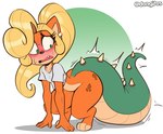 3_toes 4_fingers anthro barefoot big_butt big_tail blonde_hair blush bodily_fluids bottomless bottomless_female butt clothed clothing ear_piercing ear_ring feet female fingers growth hair huge_tail motion_lines multicolored_body paws piercing ring_piercing scales shirt solo sweat t-shirt tail tail_growth thick_thighs toes topwear transformation two_tone_body wide_hips worried dongitos activision crash_bandicoot_(series) coco_bandicoot bandicoot hybrid mammal marsupial scalie 2025 hi_res
