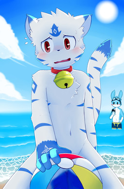 4_fingers anthro ball beach beach_ball bell bell_collar black_nose blue_body blue_fur blue_markings blush blush_lines bodily_fluids chest_tuft cloud collar convenient_censorship covering covering_crotch detailed_background dipstick_ears dipstick_tail duo ear_markings electronics embarrassed fingers fur head_markings head_tuft inflatable inner_ear_fluff kemono looking_away male markings multicolored_ears navel nervous nervous_smile nervous_sweat nude outside phone red_eyes sand seaside shy sky solo_focus sun sweat sweatdrop tail tail_markings taking_picture tuft ventral_groove water white_body white_fur white_markings worried young young_anthro maira000009 domestic_cat felid feline felis mammal colored hi_res shaded