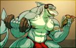 anthro big_bulge big_muscles biped blush bodily_fluids bulge clothed clothing electronics exercise fin fish genitals head_fin headphones hi_res huge_bulge huge_muscles hyper hyper_muscles licking licking_lips licking_own_lips magazine male marine multi_genitalia multi_penis muscular muscular_anthro muscular_male neodokuro nipple_piercing nipples penis piercing riptide_(legogood) self_lick shark smile snout solo speedo sweat swimwear tail tail_fin tongue tongue_out topless underwear weightlifting workout