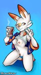 anthro areola beverage biped bottomless bottomless_female breasts brown_markings buckteeth cheek_tuft chest_tuft clothed clothing coffee dipstick_ears ear_markings facial_markings facial_tuft feet female front_view genitals gesture green_eyes hand_gesture head_markings holding_beverage holding_object jacket kneeling looking_aside markings mostly_nude multicolored_ears navel nipples pink_nose pubes pussy shirt shirt_up simple_background small_breasts smile solo steam tank_top teeth text text_on_container toeless_(marking) topwear tuft v_sign white_body white_clothing white_shirt white_tank_top white_topwear machinewithsoul nintendo pokemon generation_8_pokemon pokemon_(species) scorbunny 2019 english_text hi_res