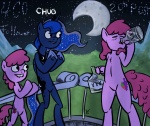 anthro blue_body blue_feathers blue_fur blue_hair chanting cutie_mark dare drinking feathered_wings feathers female fur group hair horn moon night purple_body purple_fur purple_hair square_crossover text what wings senselesssquirrel friendship_is_magic hasbro my_little_pony mythology berry_punch_(mlp) princess_luna_(mlp) earth_pony equid equine horse mammal mythological_creature mythological_equine pony winged_unicorn 2013 animated english_text short_playtime