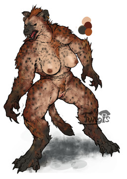 abstract_background anthro areola biped black_eyes breasts brown_body brown_fur claws dark_nipples digitigrade ear_piercing ear_ring feet female fur genitals golden_piercing muscular muscular_anthro muscular_female muscular_thighs nipples nude open_mouth paws piercing pubes ring_piercing simple_background solo spots standing tail teeth vulva white_background fungis gnoll hyena mammal spotted_hyena hi_res