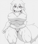 anthro bottomless breasts clothed clothing female hair kemono long_hair nipples simple_background solo sweater topwear white_background unp canid canine canis domestic_dog mammal monochrome