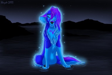 dark detailed_background female feral glowing lake outside solo tail toony shayde_(artist) canid canine canis mammal spirit wolf 2003