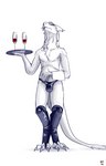 alcohol anthro beverage bulge clothing container cup drinking_glass glass glass_container glass_cup holding_object latex latex_clothing latex_legwear latex_stockings latex_thigh_highs latex_thong latex_underwear legwear male servant serving serving_alcohol serving_beverage solo stockings tail thigh_highs thong underwear waiter waiter_tray wine wine_glass aviesergal avie sergal absurd_res hi_res