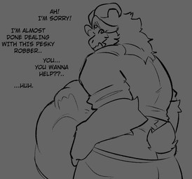 abdominal_bulge anthro anthro_pred beard belly big_belly butt_cleavage facial_hair horn long_ears male male_pred mature_male same_size_vore text vore bobou undertale undertale_(series) asgore_dreemurr boss_monster_(undertale) bovid caprine goat mammal english_text monochrome