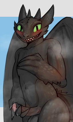 anthro black_body blush genitals green_eyes male nude nude_anthro nude_male penis simple_background smile solo wings jurbakitsune dreamworks european_mythology how_to_train_your_dragon mythology toothless dragon fury_(httyd) mythological_creature mythological_scalie night_fury scalie western_dragon digital_media_(artwork) hi_res line_art