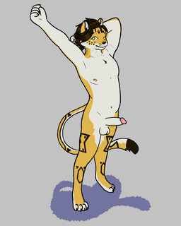 anthro balls fur fur_markings genitals male markings penis solo white_body white_fur yellow_body yellow_fur locheloche felid humanoid leopard mammal pantherine 4:5 absurd_res hi_res