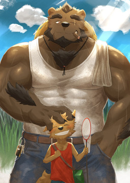 anthro blush bodily_fluids bottomwear clothing duo eyes_closed male one_eye_closed outside pants scar shirt sweat topwear wink young popon_1219 bear canid canine canis domestic_dog mammal 2023 absurd_res hi_res