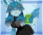 anthro beverage beverage_can blue_background blue_body blue_eyes blue_fur blue_hair blush blush_lines blush_stickers bottomwear breasts can clothing container female fox_tail fur hair holding_can holding_container holding_object looking_at_viewer simple_background skirt tail tail_motion tailwag r3dz33 nintendo pokemon canid canine eeveelution generation_4_pokemon glaceon mammal pokemon_(species) 2025 animated no_sound webm