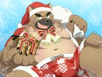 anthro belly brown_body brown_fur christmas_clothing christmas_headwear clothing fur hat headgear headwear holidays kemono male moobs navel overweight overweight_anthro overweight_male santa_hat scar solo swimwear drnx christmas lifewonders tokyo_afterschool_summoners yasuyori_(tas) canid canine canis domestic_dog mammal 2020 4:3