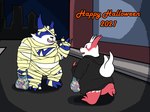 2021 anthro belly black_nose blue_body bulge candy clothing costume dessert duo eyes_closed food generation_3_pokemon grolarbearsins halloween halloween_costume hi_res holidays male mummy_costume mummy_wrappings nintendo overweight overweight_male pokemon pokemon_(species) red_body shiny_pokemon tail text white_body zangoose