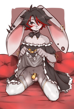 anthro balls bangs bed big_ears blush bow_ribbon chastity_cage chastity_device clothed clothing crossdressing dress ear_piercing ear_ring eyebrows eyeshadow femboy fur furniture garter_straps gauged_ear genitals gold_(metal) gold_chastity_cage gold_chastity_device gold_jewelry hair highlights_(coloring) huge_ears jewelry kneeling legwear maid_uniform makeup male no_underwear on_bed piercing pillow presenting raised_clothing raised_dress ring_piercing simple_background smile solo thigh_highs tuft uniform wearing_chastity_cage wearing_chastity_device emynsfw06 lagomorph leporid mammal rabbit 2023 hi_res