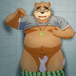 anthro balls bathroom belly blush bodily_fluids boxers_down brown_body brown_fur cum disembodied_hand duo erection eyewear fupa fur genital_fluids genitals glasses handjob male moobs navel nipple_fetish nipple_pinch nipple_play orgasm overweight overweight_male penile penis pinch sex small_penis yaki_atsuage lifewonders tokyo_afterschool_summoners volos_(tas) bear mammal 1:1