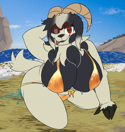 anthro baphomet_(sabbath_goat) big_breasts bikini black_body black_fur black_nose breasts clothing detailed_background female female_anthro fur gold_bikini heart_eyes heart_symbol hooves horn huge_breasts looking_at_viewer multicolored_body multicolored_fur pose sand solo swimwear tan_body tan_fur thick_thighs tongue tongue_out two-piece_swimsuit water wet wet_body wet_fur sabbath_goat golden_week bovid caprine caprine_demon demon goat goat_demon mammal hi_res