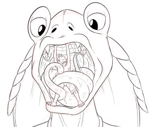 anthro bodily_fluids duo licking long_tongue macro male male/male micro questionable_consent saliva tongue vore sparky_the_chu star_wars dio_(scapegoat02) jar_jar_binks alien gungan lizard otolla_gungan reptile scalie tuatara black_and_white digital_drawing_(artwork) digital_media_(artwork) hi_res line_art monochrome