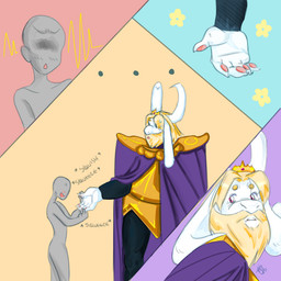 ambiguous_gender anthro armor beard blonde_hair bodily_fluids crown duo facial_hair hair headgear horn male mature_anthro mature_male pawpads size_difference sweat ancientdoodles undertale undertale_(series) anon asgore_dreemurr boss_monster_(undertale) bovid caprine human mammal 1:1