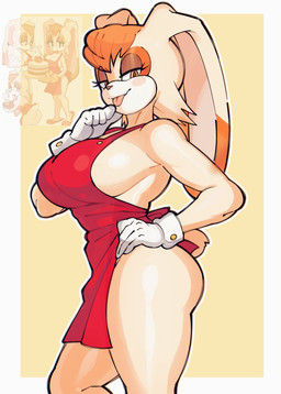 anthro apron apron_only big_breasts biped breasts clothing eyelashes female gloves hair half-closed_eyes hand_on_hip handwear long_ears looking_at_viewer mature_female narrowed_eyes orange_hair short_hair side_boob solo standing tongue tongue_out chantiyii sega sonic_the_hedgehog_(series) vanilla_the_rabbit lagomorph leporid mammal rabbit 2025 absurd_res hi_res reference_image