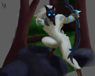 anthro arrow_(weapon) blue_eyes bow_(weapon) female fluffy fluffy_chest fur glowing glowing_eyes grass magic mask outside plant raised_leg ranged_weapon small_waist solo thick_thighs tree weapon wearing_mask white_body white_fur krusemeister030 league_of_legends riot_games tencent kindred_(lol) lamb_(lol) bovid caprine mammal sheep 5:4 hi_res shaded signature