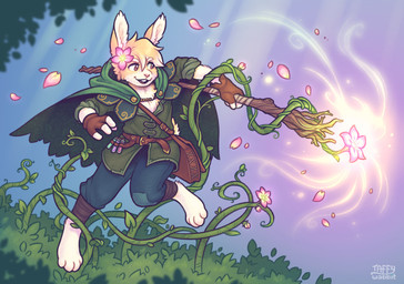 accessory anthro barefoot blonde_hair bottomwear cape clothing elemental_manipulation feet fingerless_gloves flower flower_in_hair gloves green_cape green_clothing hair hair_accessory handwear holding_object holding_staff leaf magic male open_mouth pants plant plant_manipulation potion smile solo staff tail vines taffywabbit juice_(juicebun) lagomorph leporid mammal rabbit 2023 digital_media_(artwork) hi_res nonbinary_(lore)