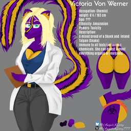anthro big_breasts big_butt biohazard_symbol biohazard_tattoo black_body black_fur blonde_hair blue_eyes breasts butt character_description clothing coat curvy_figure female fur hair hazard_symbol lab_coat larger_female markings purple_body purple_fur scientist size_difference skunk_stripe skunk_tail solo striped_body striped_fur striped_markings striped_tail stripes symbol tail tail_markings tattoo thick_thighs topwear voluptuous voluptuous_female wide_hips yellow_body yellow_fur angel_kiitty victoria_von_werner_(angelkiitty) humanoid hybrid mammal mephitid reptile scalie skunk snake 1:1 absurd_res hi_res model_sheet