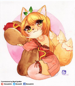 absolute_territory abstract_background accessory anthro biped blush bottomwear chibi clothed clothing female flower flower_in_hair food fur furgonomics hair hair_accessory hot_dog kneeling legwear multi_tail plant simple_background skirt smile solo tail tail_through_skirt thigh_highs murazaki canid canine fox mammal hi_res painting_(artwork) traditional_media_(artwork) traditional_painting_(artwork) traditional_watercolor_(artwork) watercolor_(artwork)