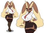 absolute_territory anthro big_breasts black_sclera bottomwear breasts brown_body brown_fur clothed clothed_anthro clothed_female clothing collared_shirt dress_shirt eyelashes eyewear female female_anthro fluffy footwear front_view fur garter_straps glasses hand_on_hip high_heels legwear long_ears looking_aside mouth_closed necktie office_clothing office_lady pink_eyes rectangular_glasses red_necktie shirt shoes simple_background skirt small_waist smile solo tan_body tan_fur thick_thighs thigh_highs tight_bottomwear tight_clothing tight_skirt topwear wearing_glasses white_background white_clothing white_shirt white_topwear wrist_fluff gatoradeew nintendo pokemon generation_4_pokemon lopunny pokemon_(species) 2024 digital_drawing_(artwork) digital_media_(artwork) full-length_portrait portrait three-quarter_portrait