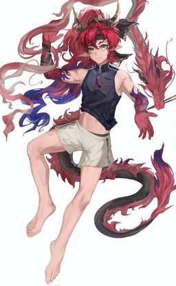 accessory ambiguous_gender barefoot bottomwear chopsticks clothing cute_fangs duo fangs feet feral hair headband horn humanoid_focus humanoid_pointy_ears looking_at_viewer male pointy_ears red_body red_hair shirt shorts simple_background smile tail teeth topwear white_background zipper kristinacl15115 arknights hypergryph mythology studio_montagne yu_(arknights) animal_humanoid dragon dragon_humanoid humanoid mythological_creature mythological_scalie scalie spirit 2025 digital_media_(artwork) hi_res