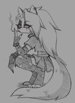 3_toes 4_fingers anthro armwear barefoot biped black_clothing black_shirt black_topwear bottomwear bracelet cigarette cigarette_in_mouth claws clothed clothed_anthro clothed_female clothing collar crouching digitigrade ear_piercing ear_ring elbow_gloves eyebrows eyelashes feet female female_anthro finger_claws fingerless_gloves fingers fur gloves hair handwear head_turned holding_cigarette holding_object jewelry legwear long_hair looking_at_viewer midriff notched_ear object_in_mouth piercing pointy_ears prick_ears pupils red_sclera ring_piercing shirt short_sleeves side_view skirt slit_pupils smoke smoking smoking_cigarette snout solo spiked_bracelet spiked_collar spikes standing thigh_highs toe_claws toes topwear torn_bottomwear torn_clothing torn_gloves torn_handwear torn_shirt torn_skirt torn_thigh_highs torn_topwear bluestripedrenulian helluva_boss mythology loona_(helluva_boss) canid canid_demon canine demon hellhound mammal mythological_canine mythological_creature 2025 greyscale hi_res monochrome spot_color