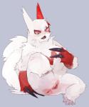 anthro anus biped blush clitoris female front_view genitals looking_down one_leg_up open_mouth pussy raised_leg semi-anthro sitting slightly_chubby solo liteu nintendo pokemon generation_3_pokemon mammal pokemon_(species) zangoose hi_res