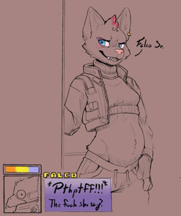 anthro clothed clothing dialogue female female/female gesture imminent_sex male partially_clothed piercing suggestive suggestive_gesture undressing_self bedtime_buck nintendo star_fox falco_lombardi katt_monroe avian bird domestic_cat felid feline felis mammal absurd_res hi_res