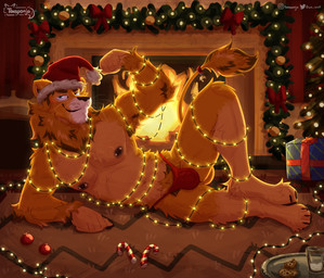 4_toes 5_fingers anthro armpit_hair bell bell_on_tail biceps blue_eyes blush body_hair bulge candy candy_cane chimney christmas_background christmas_clothing christmas_decorations christmas_headwear christmas_lights christmas_ornament christmas_present claws clothed clothing cookies_and_milk curtains dessert detailed_bulge feet fingers fire fireplace flexing flexing_bicep food fur genital_outline gift hair hat headgear headwear holidays looking_at_viewer lying_on_ground male mane muscular muscular_anthro muscular_male navel nipple_piercing nipples on_ground orange_body orange_fur ornament pecs penis_outline piercing rug santa_hat smile solo tail thong toes tuft underwear warm_lighting whisker_spots whiskers taesponja christmas taima_the_lion felid feline lion mammal pantherine absurd_res digital_drawing_(artwork) digital_media_(artwork) hi_res shaded