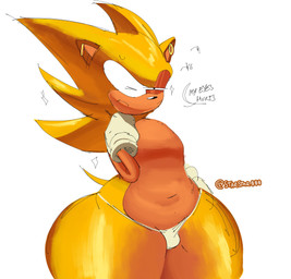 anthro belly biped bodily_fluids bottom_heavy bulge clothing ear_piercing ear_ring femboy fist half-closed_eyes legwear male male_anthro narrowed_eyes one_eye_closed pear-shaped_figure piercing ring_piercing rubbing_neck solo sparkles speech_bubble stockings super_form sweat sweatdrop thick_thighs thong underwear wide_hips starstar000 sega sonic_the_hedgehog_(series) sonic_the_hedgehog super_sonic eulipotyphlan european_hedgehog hedgehog mammal absurd_res hi_res