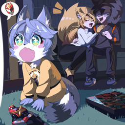 5_fingers anthro black_bottomwear black_clothing black_pants black_shirt black_topwear bottomwear branded_clothing breasts carpet carpeted_floor clothing daww female fingers footwear fur group hair happy interspecies laugh light_body light_skin male pants purple_body purple_fur purple_hair shirt shoes sitting sitting_on_ground slippers sparkles sparkling_eyes surprised sweater swimwear tail tan_bottomwear tan_clothing tan_pants tan_swimwear topwear toy trio watching_television white_clothing white_sweater white_topwear drawligator mihoyo super_sentai zenless_zone_zero pulchra_fellini wise_(zenless_zone_zero) felid feline human hybrid mammal thiren hi_res father_(lore) father_and_child_(lore) father_and_son_(lore) mother_(lore) mother_and_child_(lore) mother_and_son_(lore) parent_(lore) parent_and_child_(lore) parent_and_son_(lore) son_(lore)