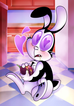 anthro appliance black_body black_ears black_fur black_tail blush checkered checkered_floor chest_tuft fangs food fridge fur heart_eyes heart_symbol holding_food holding_object inside kitchen kitchen_appliance long_ears love male multicolored_body multicolored_fur passion_fruit purple_eyes purple_sclera scut_tail sharp_teeth short_tail sitting sitting_on_ground solo tail teeth tuft two_tone_body two_tone_fur two_tone_tail white_body white_fur white_nose white_tail white_tuft 8-bit-britt bunnicula_(series) bunnicula lagomorph leporid mammal rabbit vampire 2017 digital_media_(artwork) hi_res