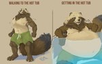 anthro armpit_hair belly big_belly body_hair breath clothing fur furry_tail holding_breath hot_tub inhale male navel nipples overweight overweight_male relaxing solo swimming_trunks swimwear tail text wide_hips pacific_coyote canid canine mammal raccoon_dog tanuki 16:10 2022 english_text signature widescreen