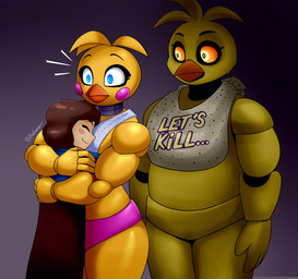 angry anthro beak bib bib_only blush blush_stickers clothing eyelashes female glaring_at_another group hug jealous long_eyelashes panties pink_clothing pink_panties pink_underwear threatening trio underwear worried_look rakoongrey five_nights_at_freddy's five_nights_at_freddy's_2 scottgames abby_schmidt chica_(fnaf) toy_chica_(fnaf) avian bird chicken galliform human mammal phasianid robot_anthro hi_res