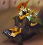 4_toes anthro barefoot black_body black_fur black_lips black_nose blue_eyes blurred_background brown_hair clothed clothing digitigrade duo feet female feral fur hair lips orange_body orange_fur teeth toes yellow_body yellow_fur araivis-edelveys araivis_edelveys_(character) canid canine canis felid hybrid liger lion mammal pantherine tiger wolf hi_res