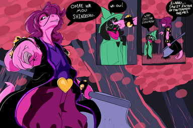 anthro axe boop bracelet clothed clothing duo eyewear fully_clothed fur glasses hair hat headgear headwear heart_symbol jewelry male melee_weapon plant spiked_bracelet spikes text tree weapon jovial_evil deltarune undertale_(series) ralsei susie_(deltarune) bovid caprine darkner goat mammal reptile scalie 2018 3:2 english_text hi_res