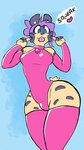 armwear blue_eyes breasts bulge clothing fur gynomorph hair intersex latex legwear looking_at_viewer markings purple_hair simple_background solo spots spotted_body spotted_fur thigh_highs tongue tongue_out yellow_body yellow_fur cremacat felid jaguar mammal pantherine digital_drawing_(artwork) digital_media_(artwork) flat_colors hi_res