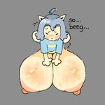 anthro areola big_breasts blush bodily_fluids breasts embarrassed eyes_closed female huge_breasts hyper hyper_breasts nipples simple_hands solo sweat text nucr4r undertale undertale_(series) temmie_(undertale) 1:1