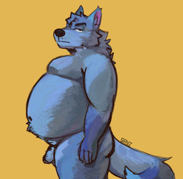 anthro bedroom_eyes belly blue_body blue_fur body_hair flaccid fluffy fur genitals happy_trail looking_at_viewer male moobs narrowed_eyes navel neck_tuft overweight overweight_male penis seductive serious_face side_view simple_background solo tail tuft yellow_background spyz_(artist) dan_(spyz) 2025 hi_res shaded soft_shading watermark