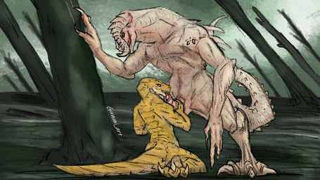 albino animal_genitalia anthro collar fellatio genital_slit genitals male male/male muscular muscular_anthro muscular_male oral penile penis sex swamp teasing gummi_art fallout microsoft johnitan_lambert alligator alligatorid crocodile crocodilian deathclaw reptile scalie 16:9 hi_res widescreen