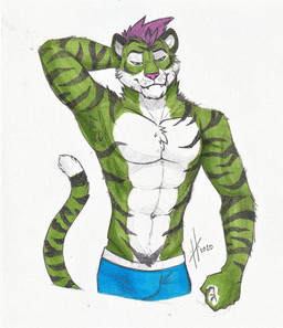 abs anthro armpit_hair athletic athletic_anthro athletic_male blue_bottomwear blue_clothing blue_eyes body_hair bottomwear bulge cheek_tuft chest_tuft closed_smile clothed clothing facial_tuft fangs front_view fur green_body green_fur hair looking_at_viewer male male_anthro markings mouth_closed narrowed_eyes navel neck_tuft pecs purple_hair purple_nose simple_background smile solo striped_arms striped_body striped_fur striped_markings striped_tail stripes tail tail_markings teeth topless tuft white_background white_body white_fur hufnaar felid mammal pantherine tiger 2020 half-length_portrait hi_res portrait traditional_media_(artwork)